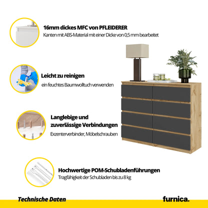 GABRIEL - Kommode / Sideboard mit 8 Schubladen - Wotan Eiche / Anthrazit H92cm B120cm T33cm – Furnica