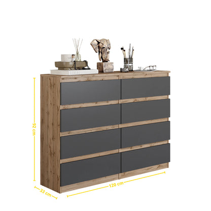 GABRIEL - Kommode / Sideboard mit 8 Schubladen - Wotan Eiche / Anthrazit H92cm B120cm T33cm – Furnica
