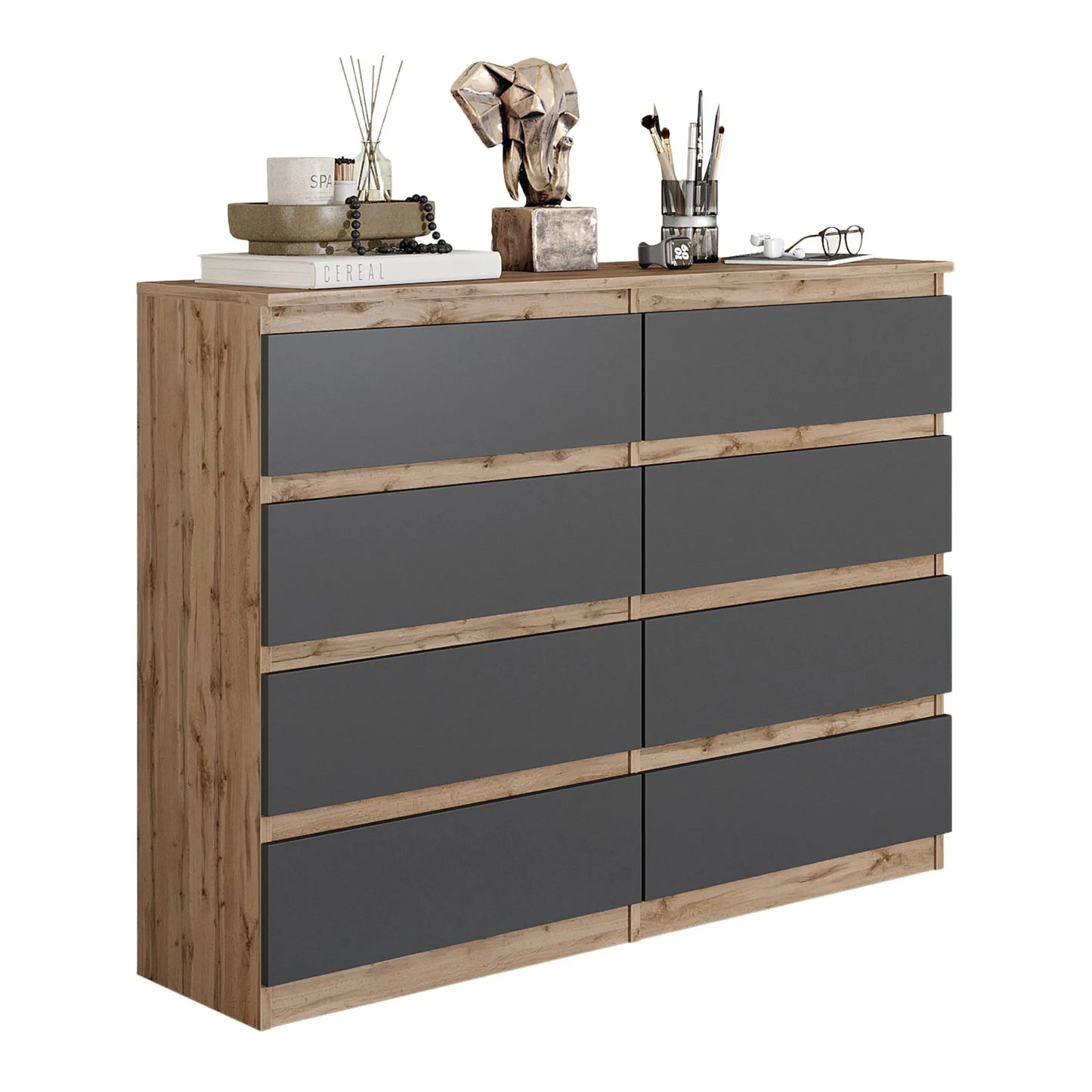 GABRIEL - Kommode / Sideboard mit 8 Schubladen - Wotan Eiche / Anthrazit H92cm B120cm T33cm – Furnica