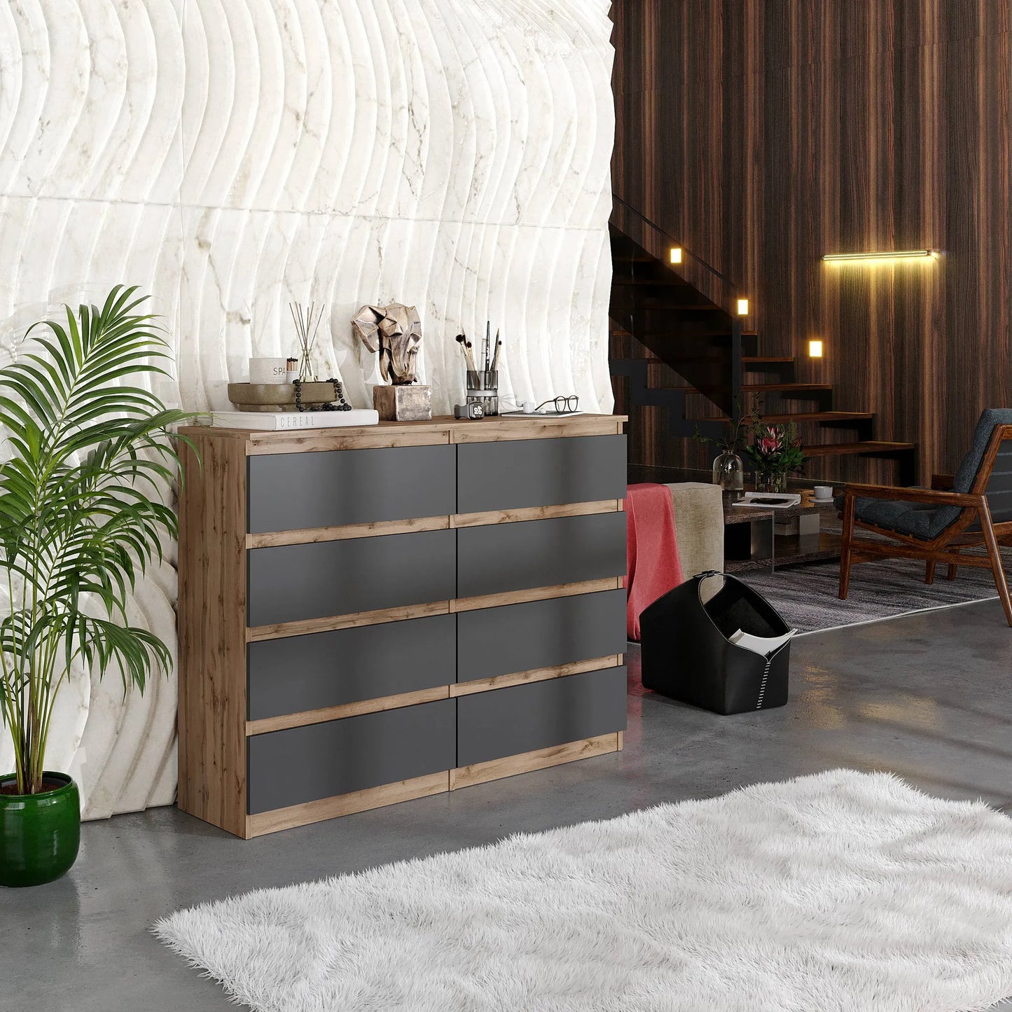 GABRIEL - Kommode / Sideboard mit 8 Schubladen - Wotan Eiche / Anthrazit H92cm B120cm T33cm – Furnica