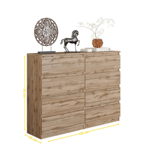 GABRIEL - Kommode / Sideboard mit 8 Schubladen - Wotan Eiche H92cm B120cm T33cm – Furnica