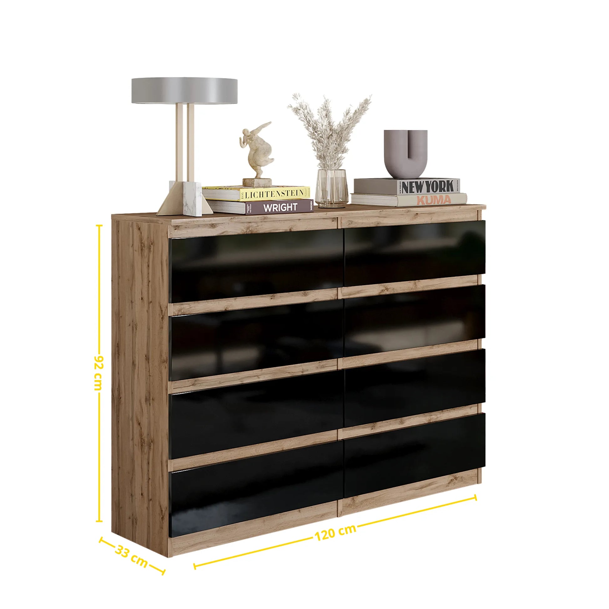 GABRIEL - Kommode / Sideboard mit 8 Schubladen - Wotan Eiche / Schwarz Gloss H92cm B120cm T33cm – Furnica