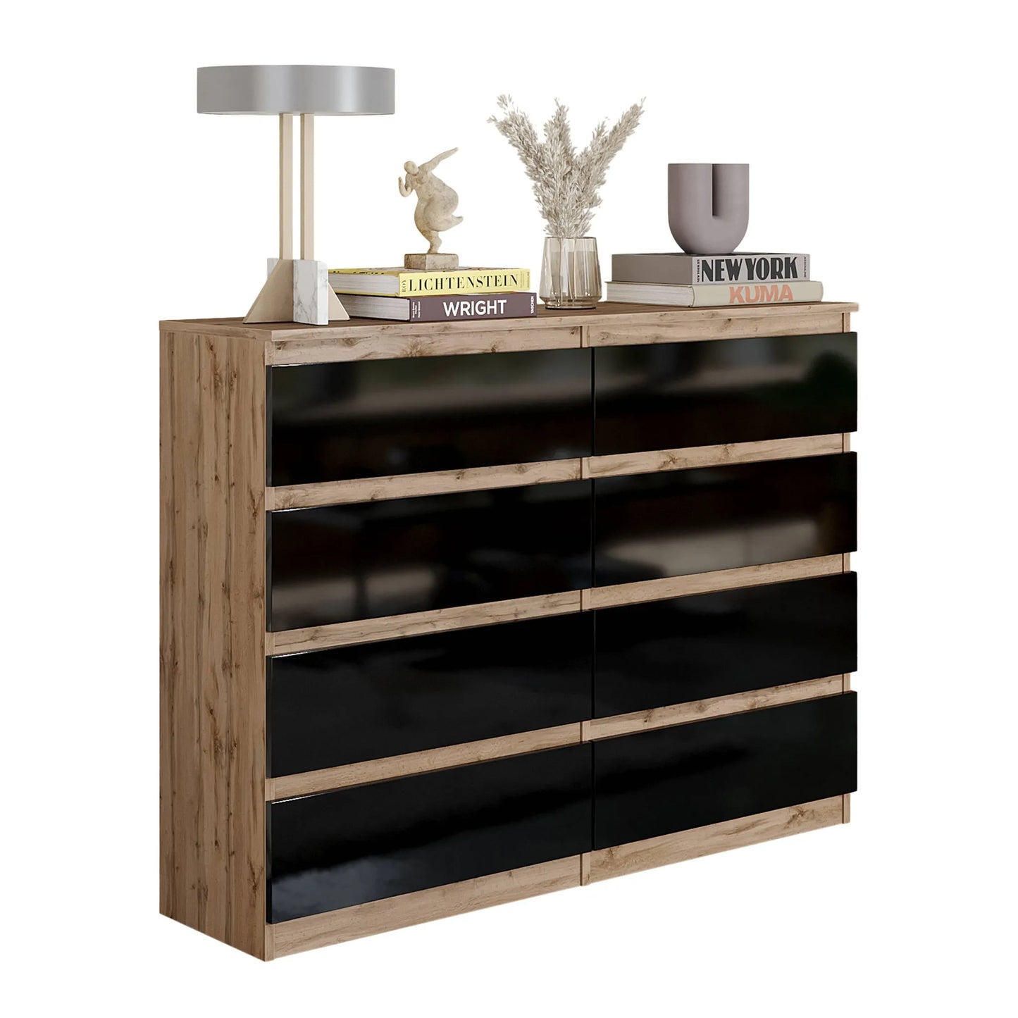 GABRIEL - Kommode / Sideboard mit 8 Schubladen - Wotan Eiche / Schwarz Gloss H92cm B120cm T33cm – Furnica
