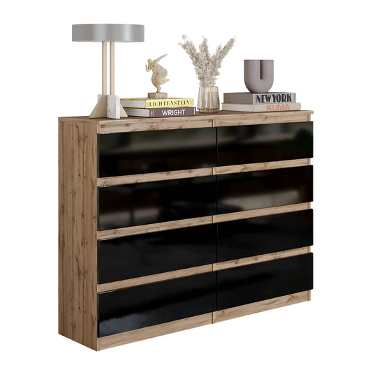 GABRIEL - Kommode / Sideboard mit 8 Schubladen - Wotan Eiche / Schwarz Gloss H92cm B120cm T33cm – Furnica