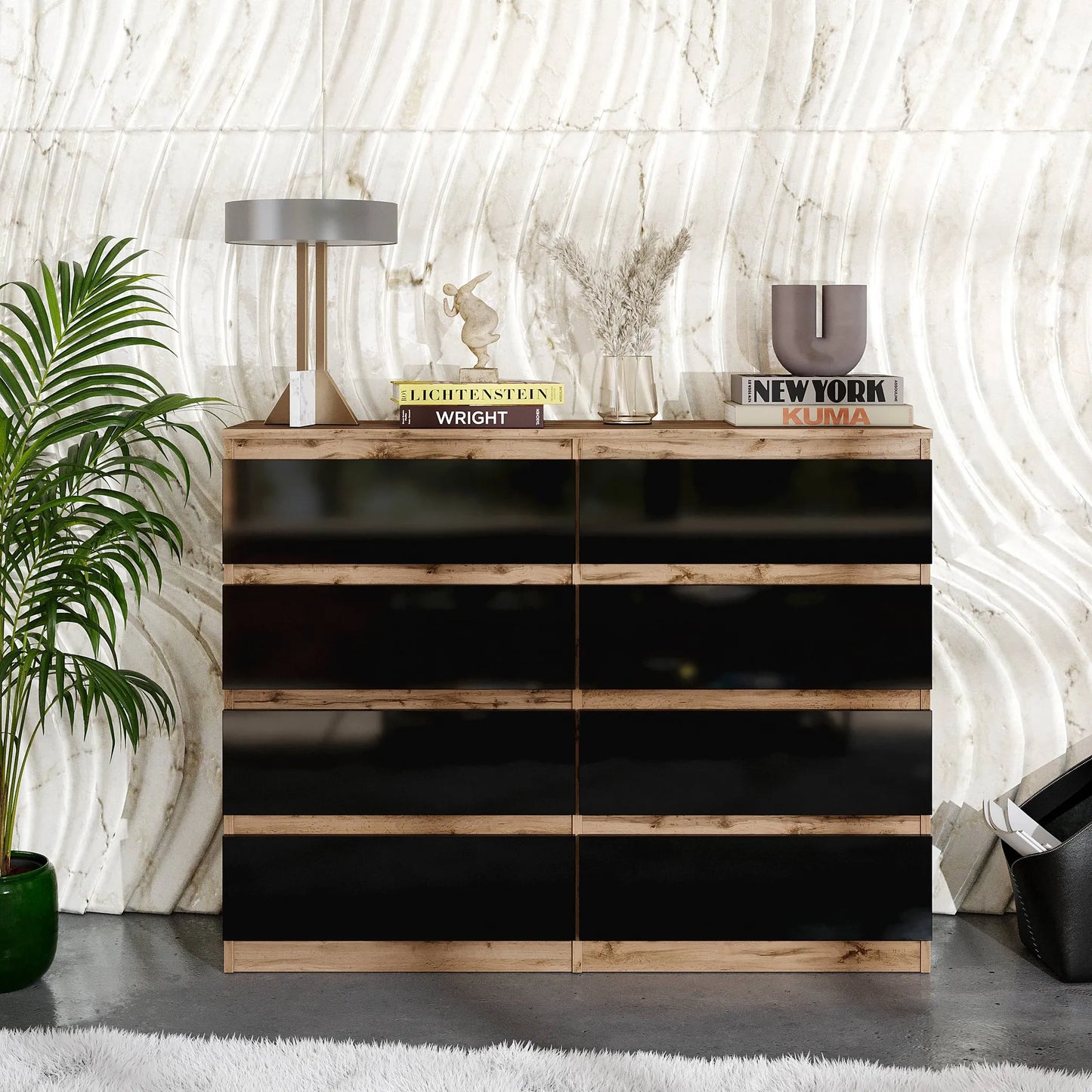 GABRIEL - Kommode / Sideboard mit 8 Schubladen - Wotan Eiche / Schwarz Gloss H92cm B120cm T33cm – Furnica