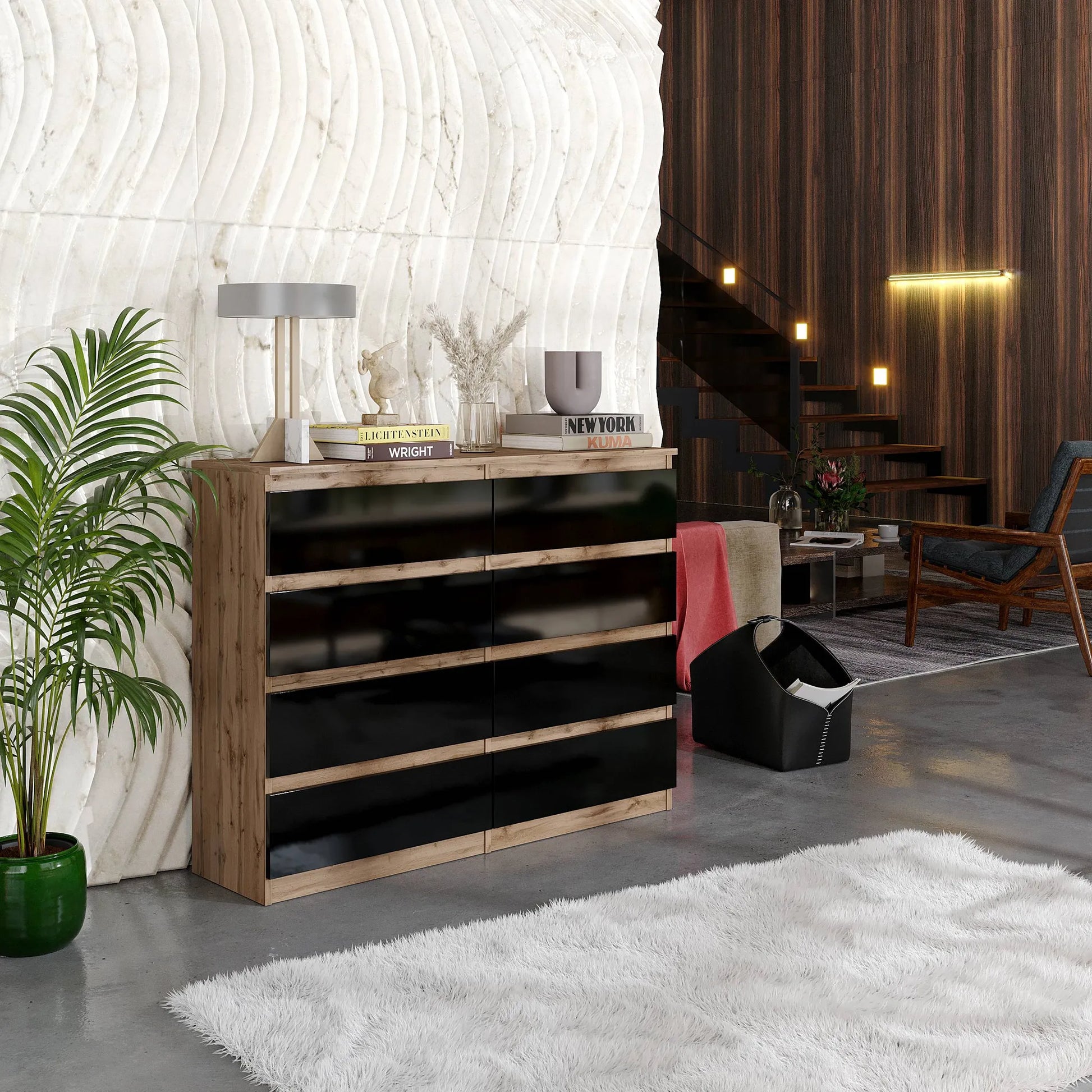 GABRIEL - Kommode / Sideboard mit 8 Schubladen - Wotan Eiche / Schwarz Gloss H92cm B120cm T33cm – Furnica