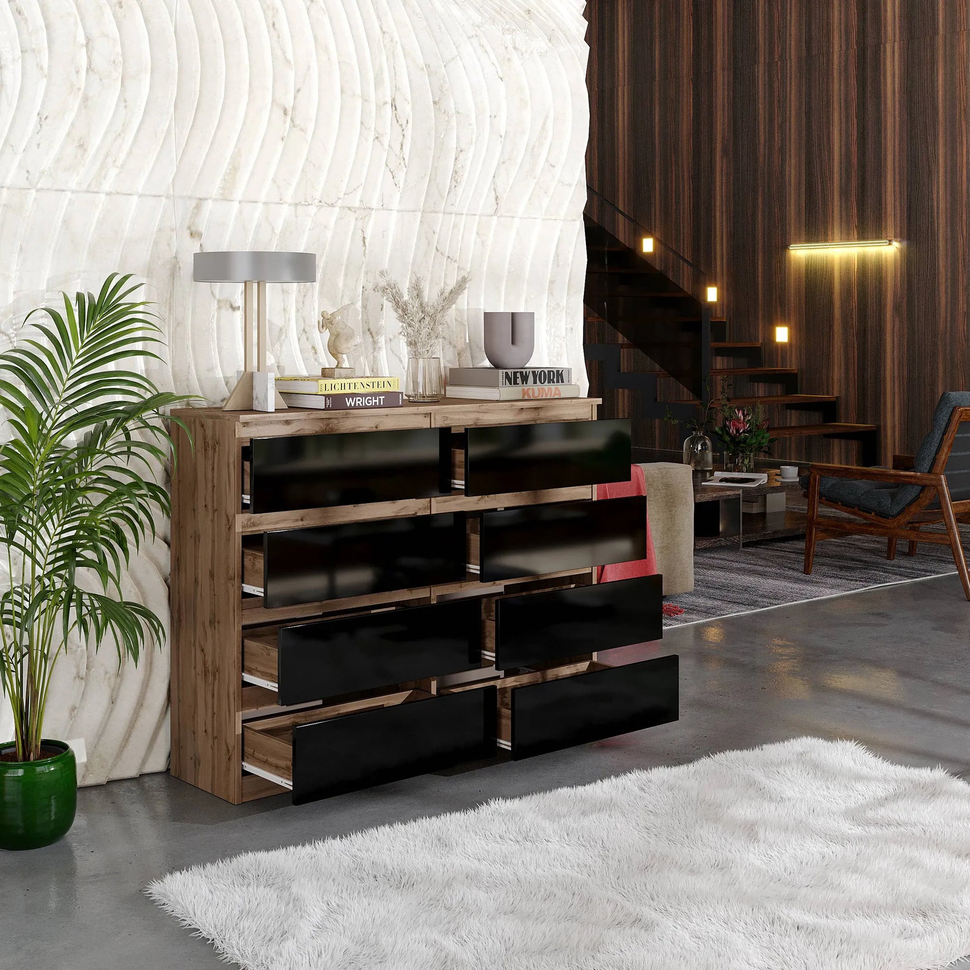 GABRIEL - Kommode / Sideboard mit 8 Schubladen - Wotan Eiche / Schwarz Gloss H92cm B120cm T33cm – Furnica