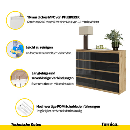 GABRIEL - Kommode / Sideboard mit 8 Schubladen - Wotan Eiche / Schwarz Gloss H92cm B120cm T33cm – Furnica