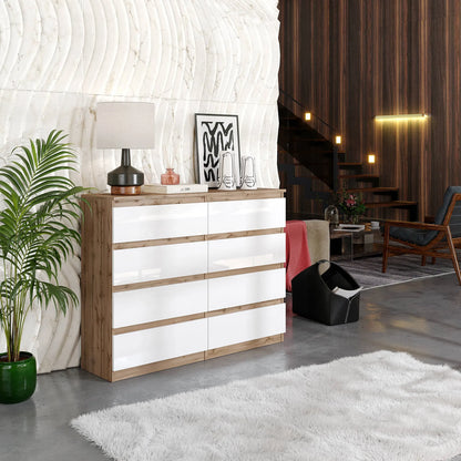 GABRIEL - Kommode / Sideboard mit 8 Schubladen - Wotan Eiche / Weiß Gloss H92cm B120cm T33cm – Furnica