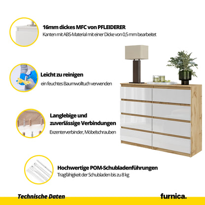 GABRIEL - Kommode / Sideboard mit 8 Schubladen - Wotan Eiche / Weiß Gloss H92cm B120cm T33cm – Furnica