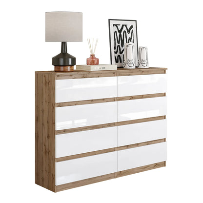 GABRIEL - Kommode / Sideboard mit 8 Schubladen - Wotan Eiche / Weiß Gloss H92cm B120cm T33cm – Furnica
