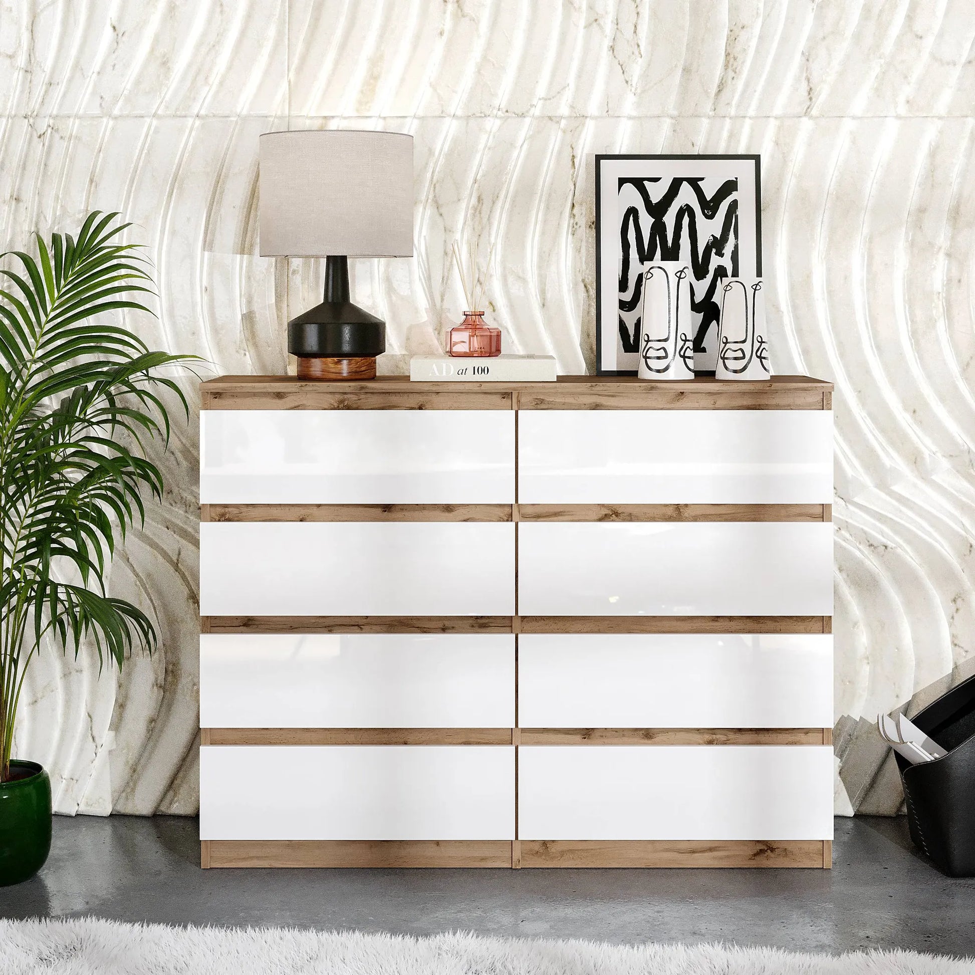 GABRIEL - Kommode / Sideboard mit 8 Schubladen - Wotan Eiche / Weiß Gloss H92cm B120cm T33cm – Furnica