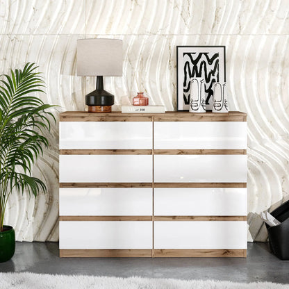 GABRIEL - Kommode / Sideboard mit 8 Schubladen - Wotan Eiche / Weiß Gloss H92cm B120cm T33cm – Furnica