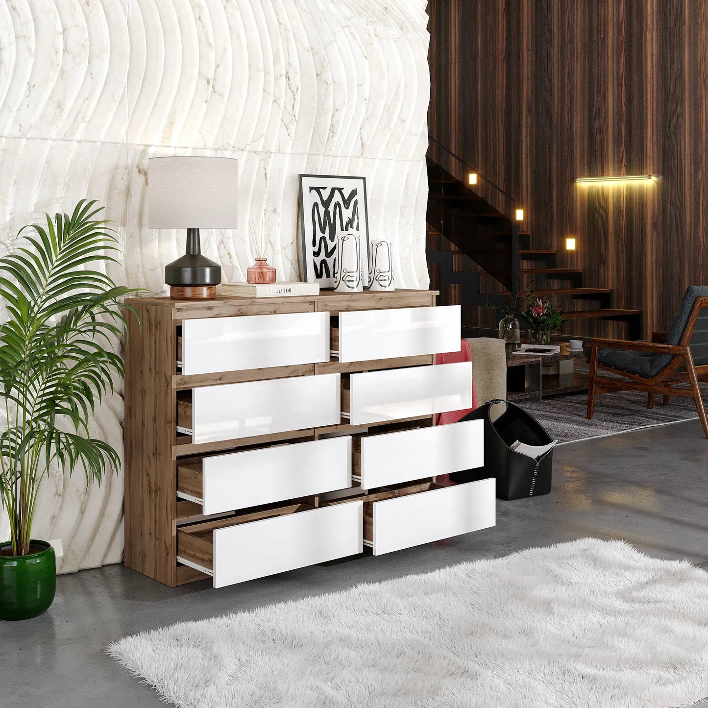 GABRIEL - Kommode / Sideboard mit 8 Schubladen - Wotan Eiche / Weiß Gloss H92cm B120cm T33cm – Furnica