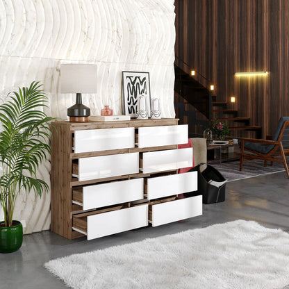 GABRIEL - Kommode / Sideboard mit 8 Schubladen - Wotan Eiche / Weiß Gloss H92cm B120cm T33cm – Furnica