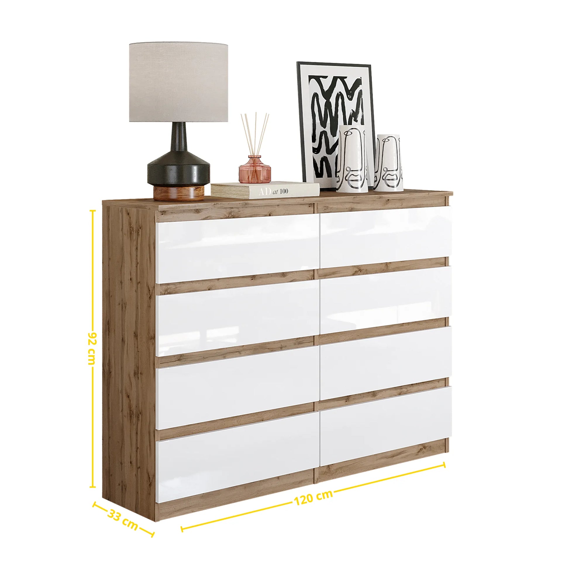 GABRIEL - Kommode / Sideboard mit 8 Schubladen - Wotan Eiche / Weiß Gloss H92cm B120cm T33cm – Furnica