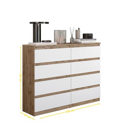 GABRIEL - Kommode / Sideboard mit 8 Schubladen - Wotan Eiche / Weiß Matt H92cm B120cm T33cm – Furnica