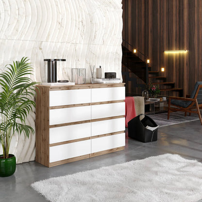 GABRIEL - Kommode / Sideboard mit 8 Schubladen - Wotan Eiche / Weiß Matt H92cm B120cm T33cm – Furnica