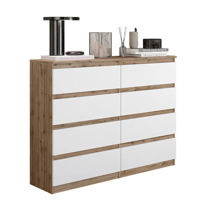 GABRIEL - Kommode / Sideboard mit 8 Schubladen - Wotan Eiche / Weiß Matt H92cm B120cm T33cm – Furnica