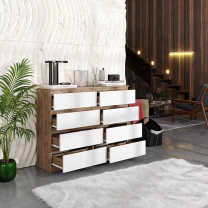 GABRIEL - Kommode / Sideboard mit 8 Schubladen - Wotan Eiche / Weiß Matt H92cm B120cm T33cm – Furnica