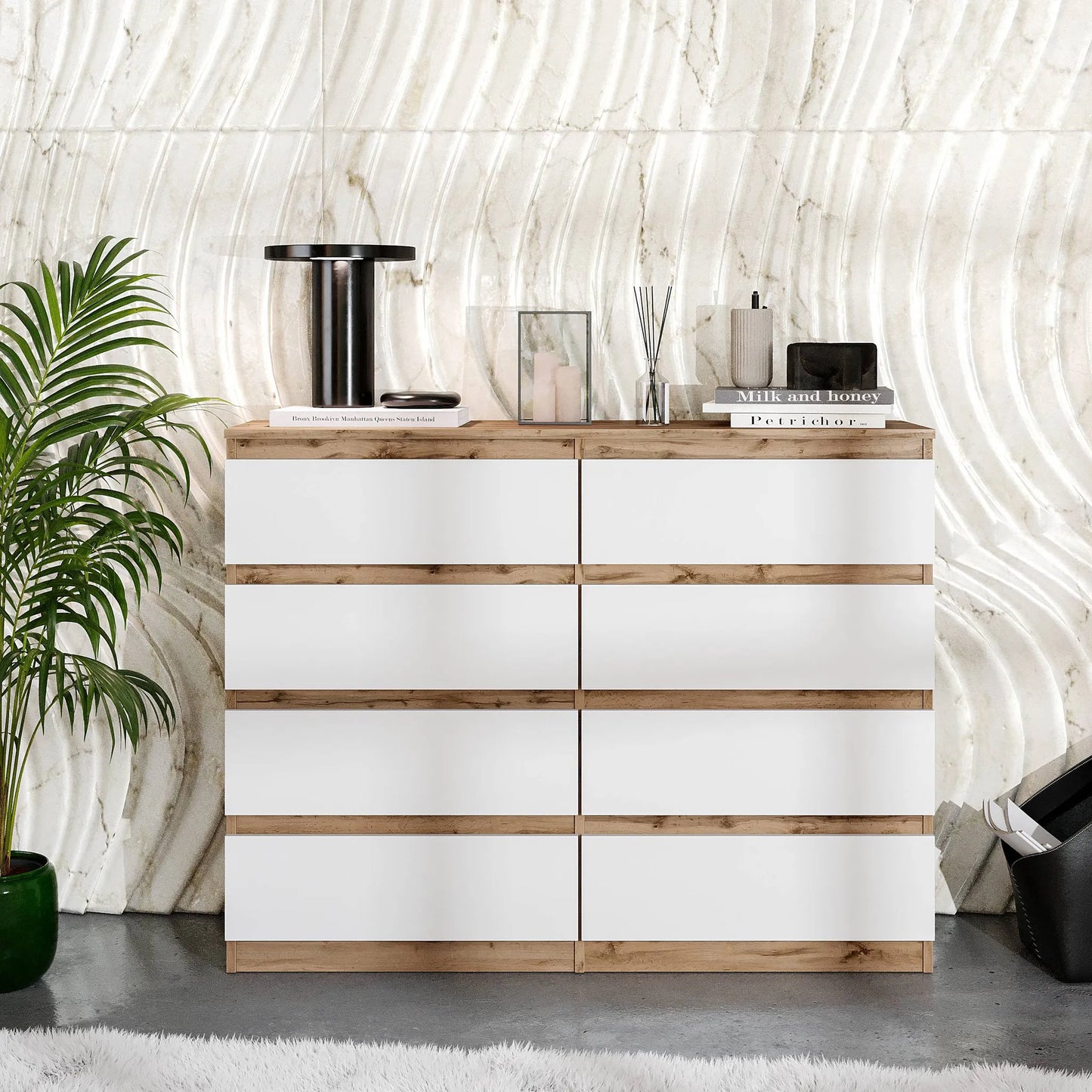 GABRIEL - Kommode / Sideboard mit 8 Schubladen - Wotan Eiche / Weiß Matt H92cm B120cm T33cm – Furnica