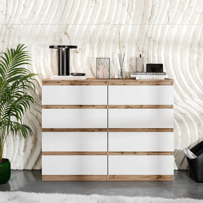 GABRIEL - Kommode / Sideboard mit 8 Schubladen - Wotan Eiche / Weiß Matt H92cm B120cm T33cm – Furnica