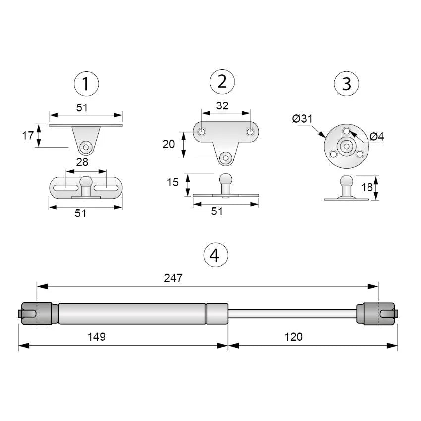Gasdruckdämpfer Silber 250mm - 120N – Furnica