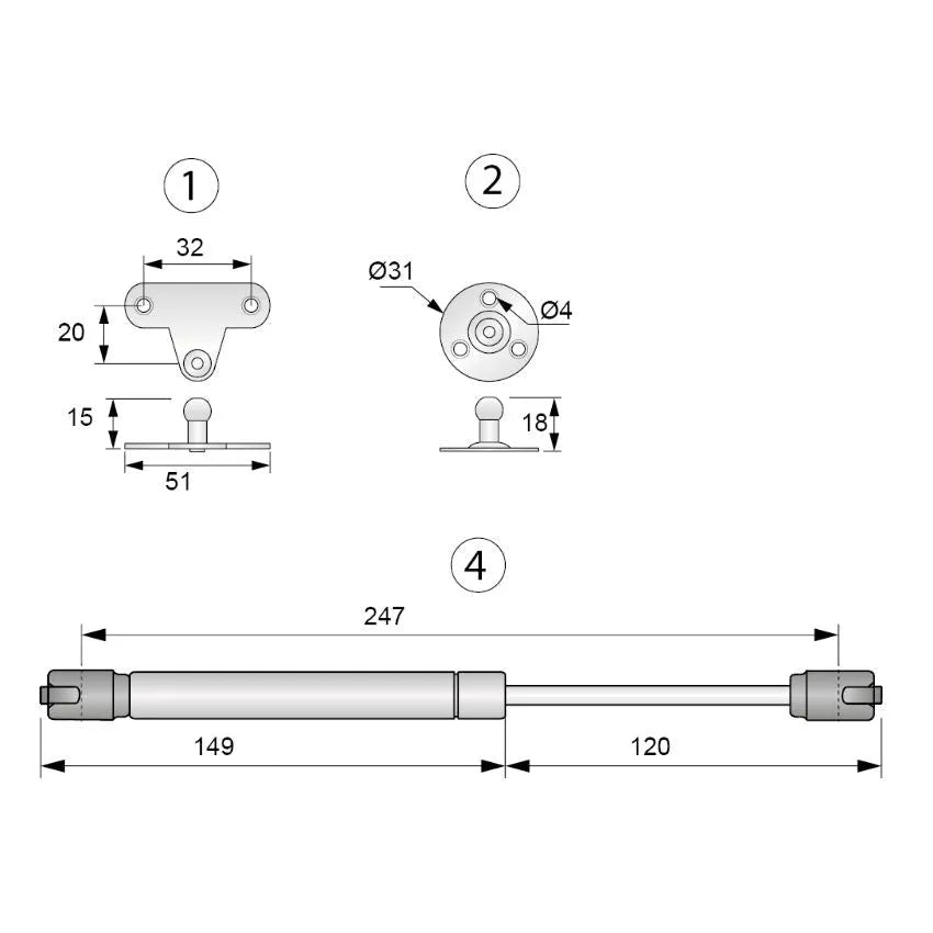 Gasdruckdämpfer Weiß 250mm - 50N – Furnica