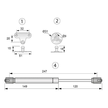 Gasdruckdämpfer Weiß 250mm - 60N – Furnica