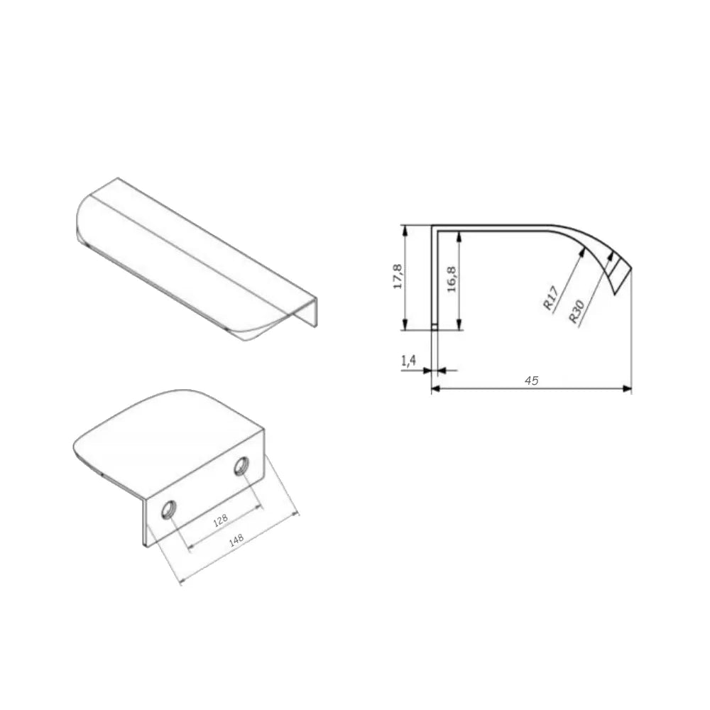 Griffleiste Kantengriff Rund 128mm (148mm Gesamtlänge) - Gebürsteter Stahl – Furnica