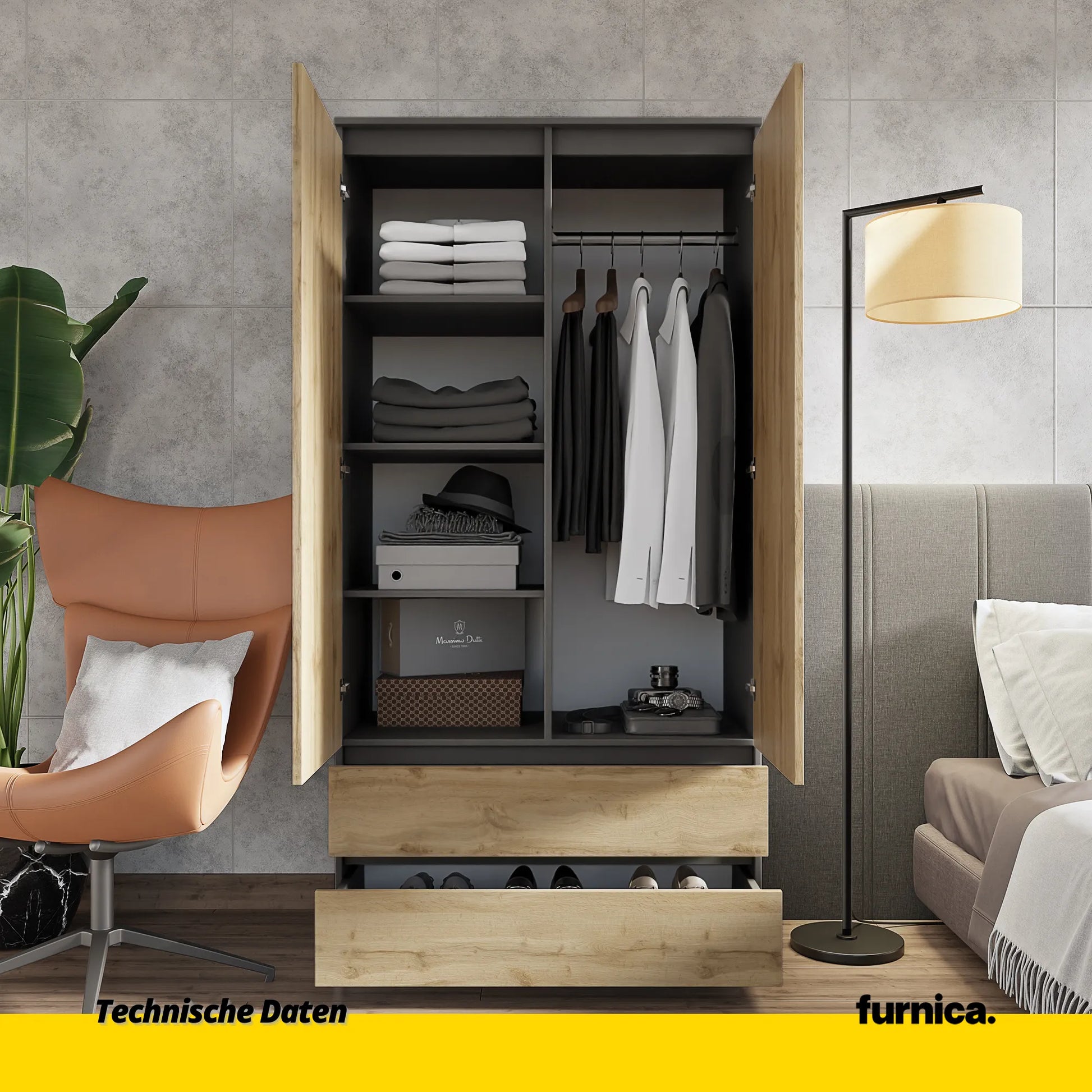 JOELLE - Kleiderschrank mit 2 Türen und 2 Schubladen - Anthrazit Grau / Wotan Eiche H180cm B90cm T50cm – Furnica