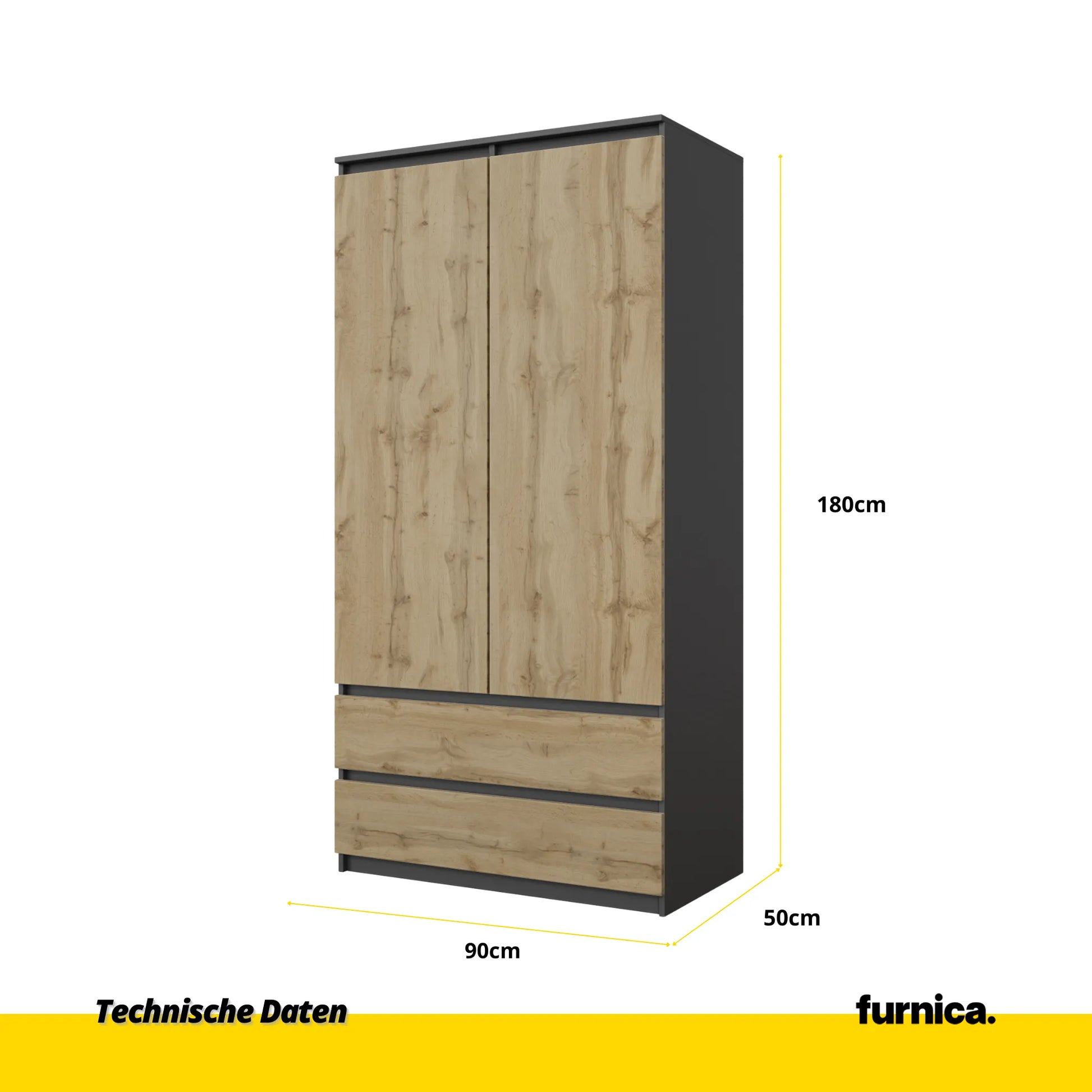 JOELLE - Kleiderschrank mit 2 Türen und 2 Schubladen - Anthrazit Grau / Wotan Eiche H180cm B90cm T50cm – Furnica