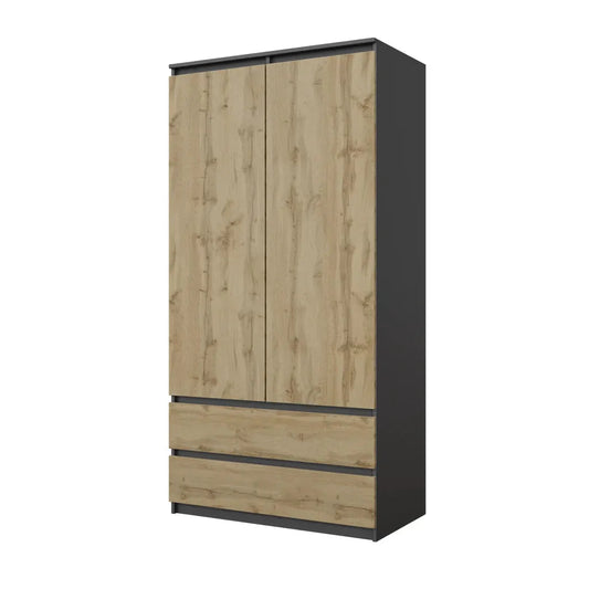 JOELLE - Kleiderschrank mit 2 Türen und 2 Schubladen - Anthrazit Grau / Wotan Eiche H180cm B90cm T50cm Furnica – zdjęcie 1