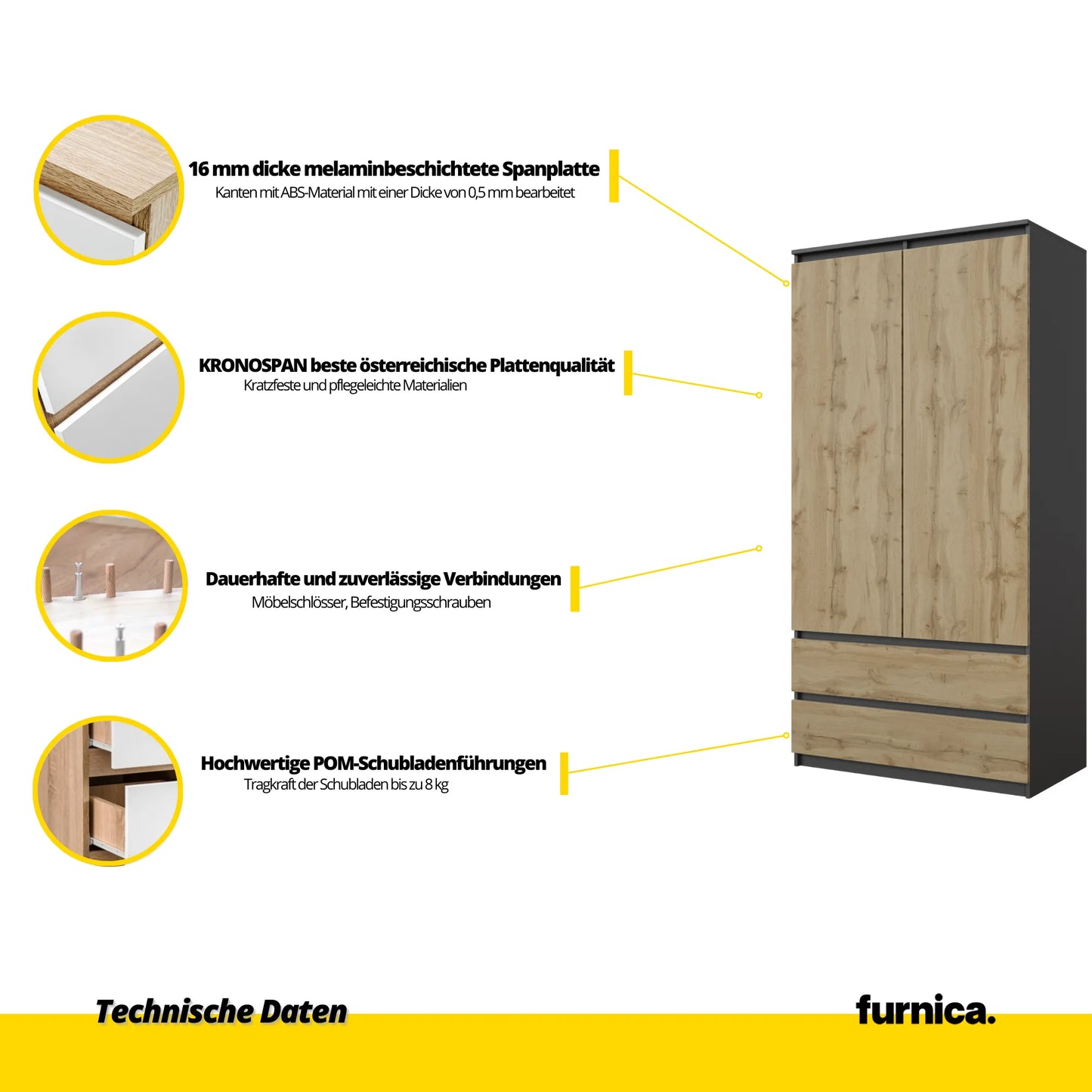 JOELLE - Kleiderschrank mit 2 Türen und 2 Schubladen - Anthrazit Grau / Wotan Eiche H180cm B90cm T50cm – Furnica