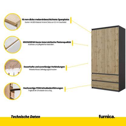 JOELLE - Kleiderschrank mit 2 Türen und 2 Schubladen - Anthrazit Grau / Wotan Eiche H180cm B90cm T50cm – Furnica