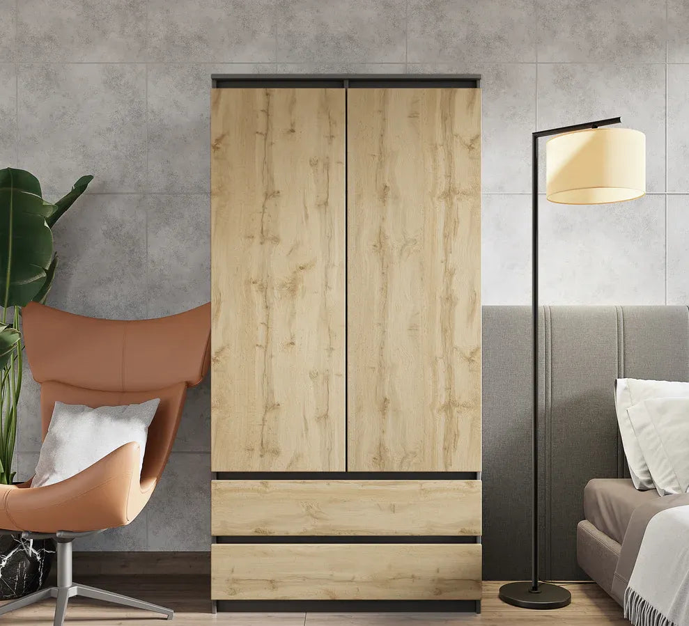 JOELLE - Kleiderschrank mit 2 Türen und 2 Schubladen - Anthrazit Grau / Wotan Eiche H180cm B90cm T50cm – Furnica
