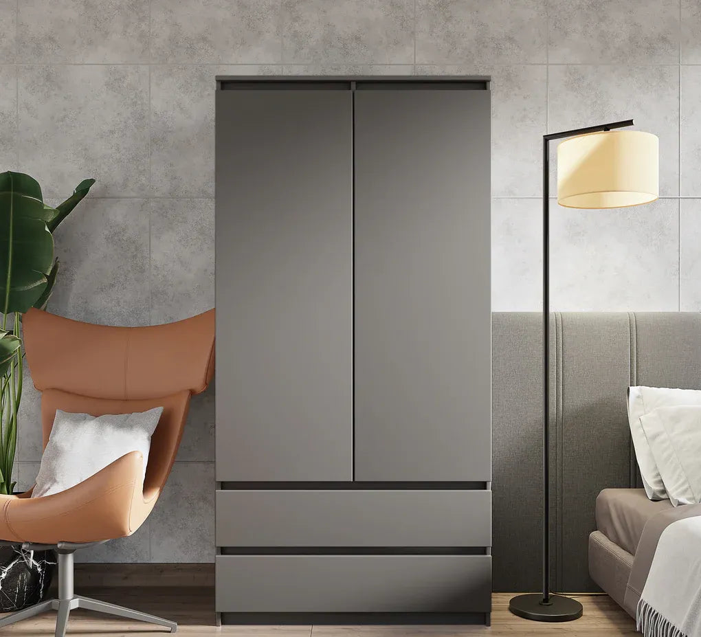 JOELLE - Kleiderschrank mit 2 Türen und 2 Schubladen -  Anthrazit H180cm B90cm T50cm – Furnica