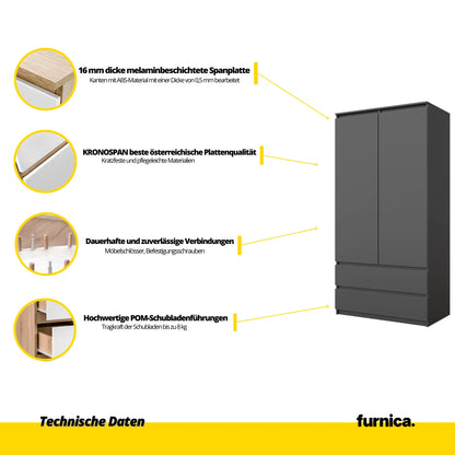 JOELLE - Kleiderschrank mit 2 Türen und 2 Schubladen -  Anthrazit H180cm B90cm T50cm – Furnica