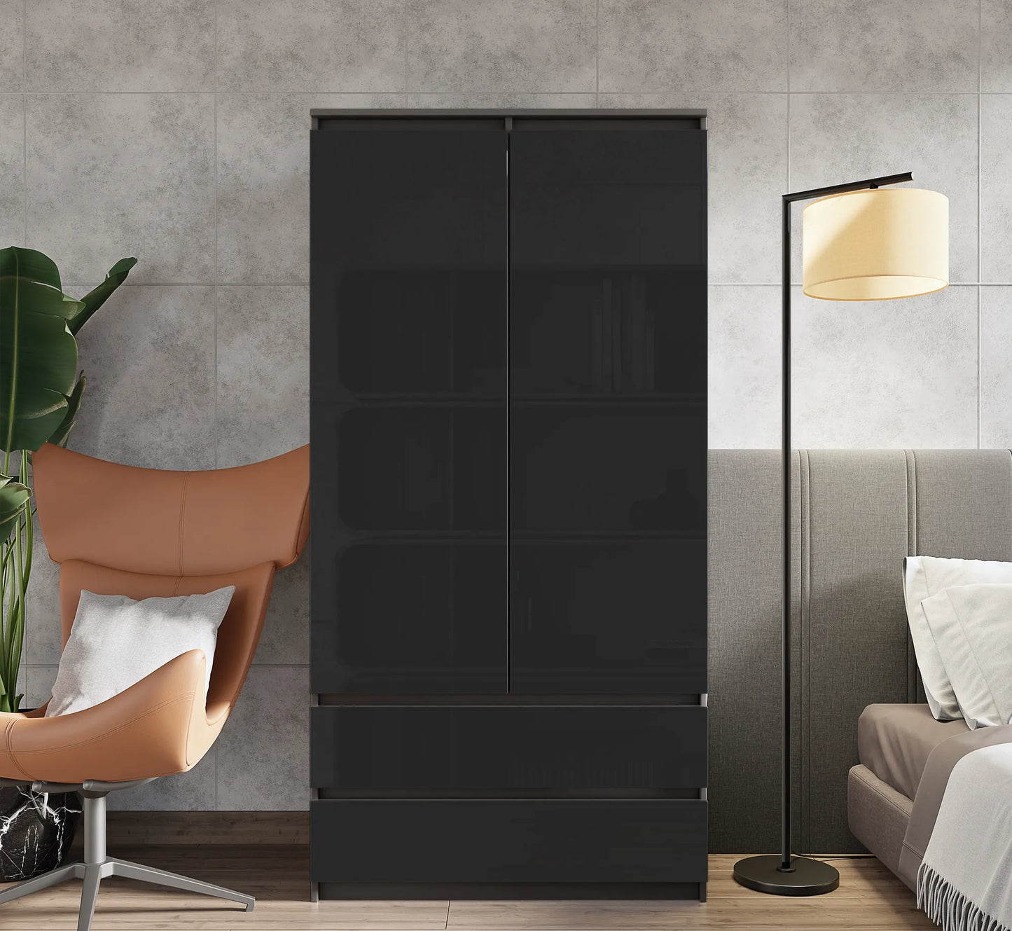 JOELLE - Kleiderschrank mit 2 Türen und 2 Schubladen -  Anthrazit / Schwarz Gloss H180cm B90cm T50cm – Furnica