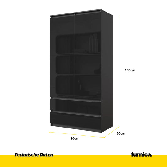 JOELLE - Kleiderschrank mit 2 Türen und 2 Schubladen -  Anthrazit / Schwarz Gloss H180cm B90cm T50cm – Furnica
