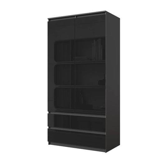 JOELLE - Kleiderschrank mit 2 Türen und 2 Schubladen - Anthrazit / Schwarz Gloss H180cm B90cm T50cm Furnica – zdjęcie 1