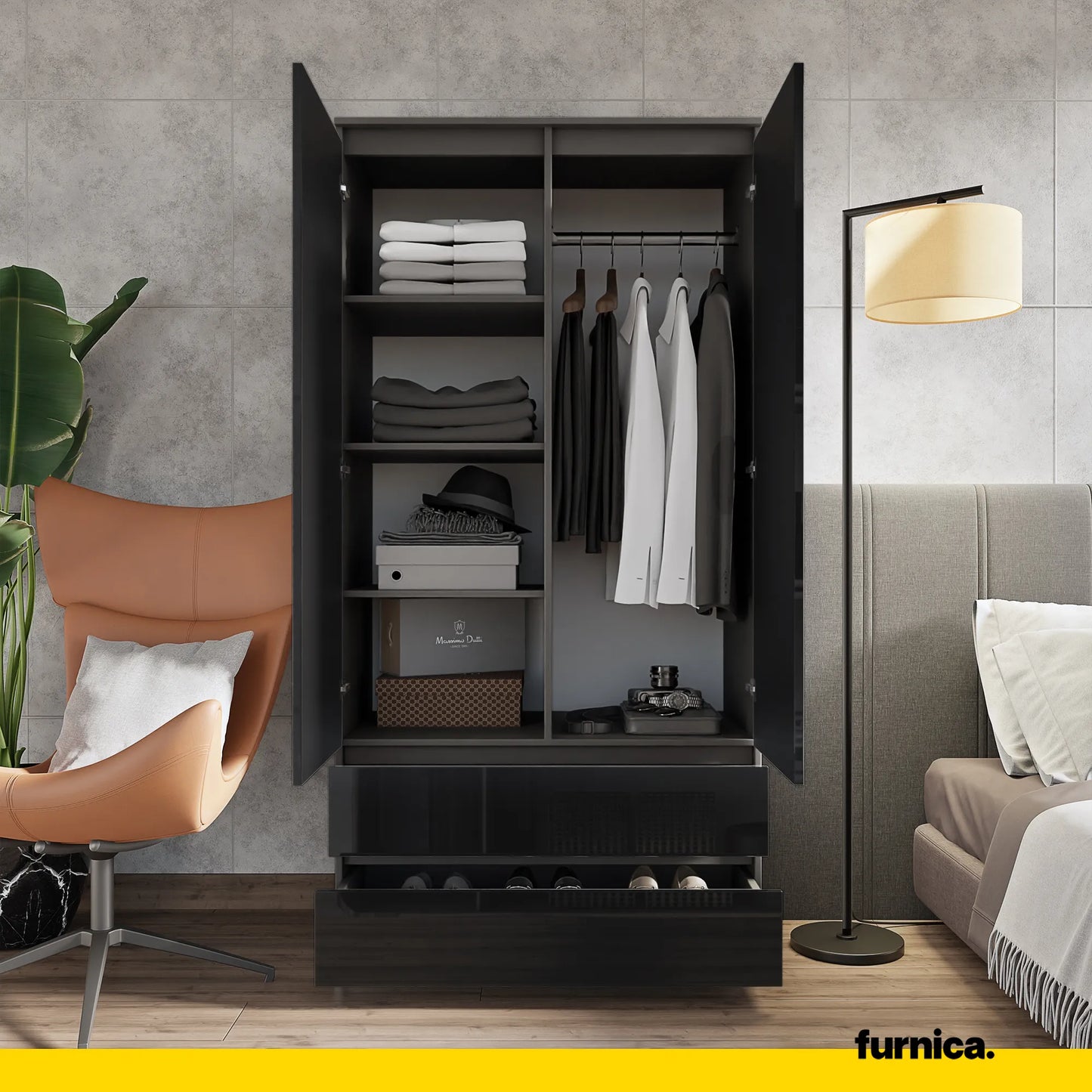 JOELLE - Kleiderschrank mit 2 Türen und 2 Schubladen -  Anthrazit / Schwarz Gloss H180cm B90cm T50cm – Furnica