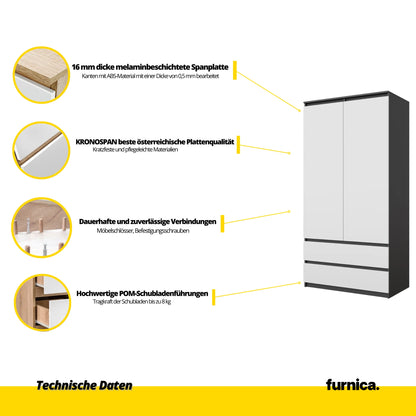 JOELLE - Kleiderschrank mit 2 Türen und 2 Schubladen -  Anthrazit / Weiß Matt H180cm B90cm T50cm – Furnica
