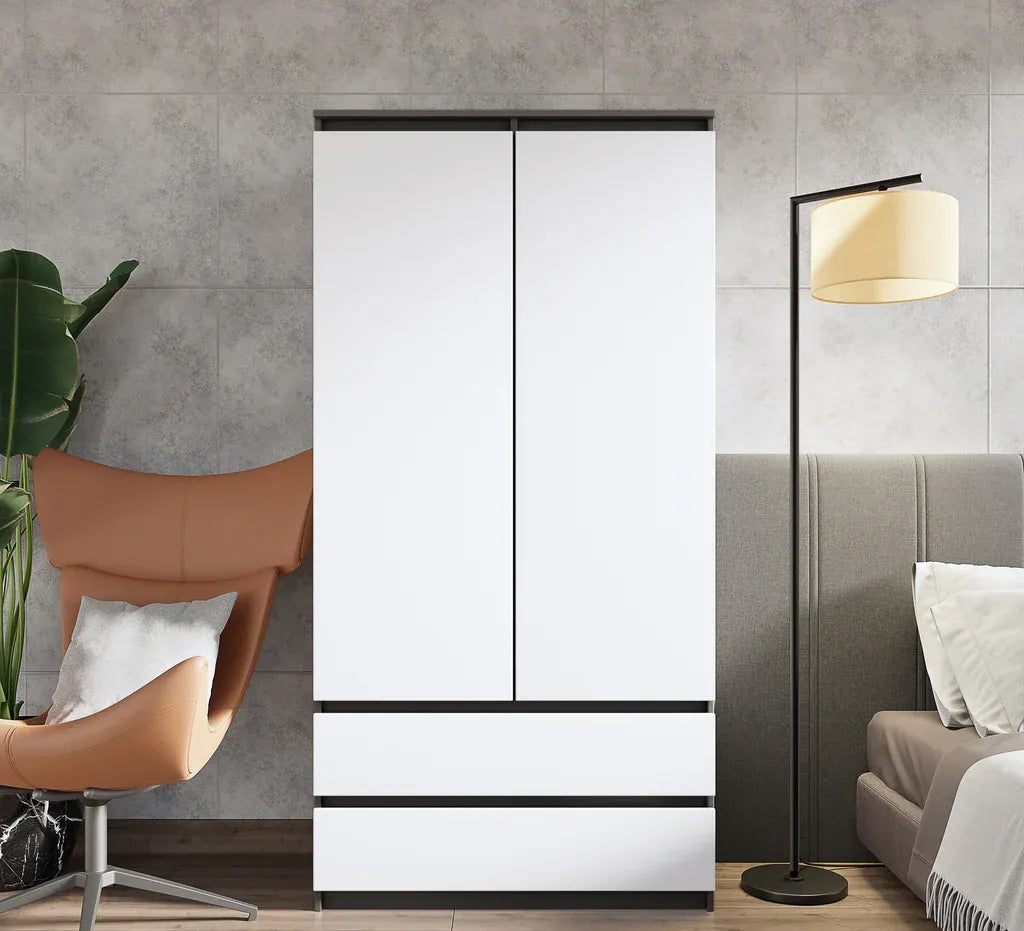 JOELLE - Kleiderschrank mit 2 Türen und 2 Schubladen -  Anthrazit / Weiß Matt H180cm B90cm T50cm – Furnica
