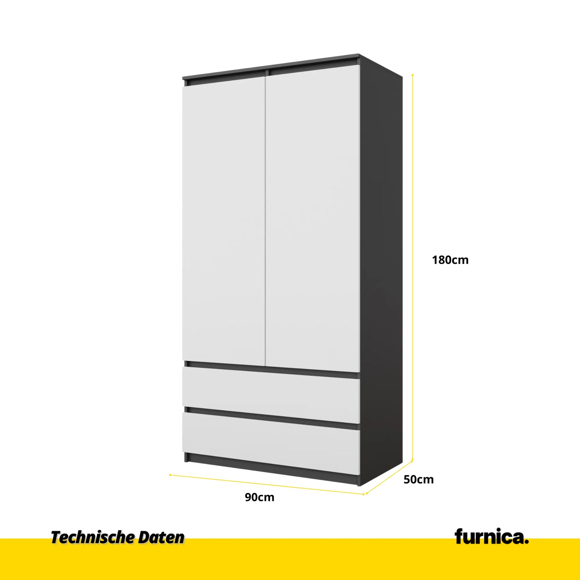 JOELLE - Kleiderschrank mit 2 Türen und 2 Schubladen -  Anthrazit / Weiß Matt H180cm B90cm T50cm – Furnica