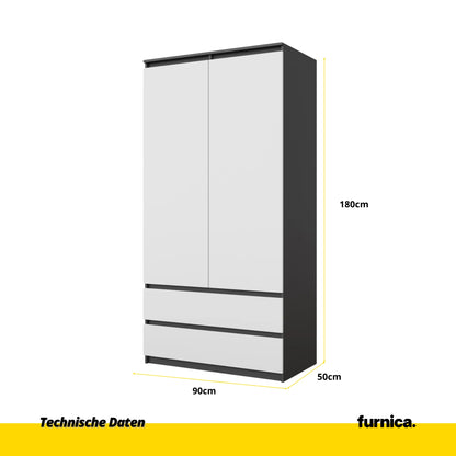 JOELLE - Kleiderschrank mit 2 Türen und 2 Schubladen -  Anthrazit / Weiß Matt H180cm B90cm T50cm – Furnica