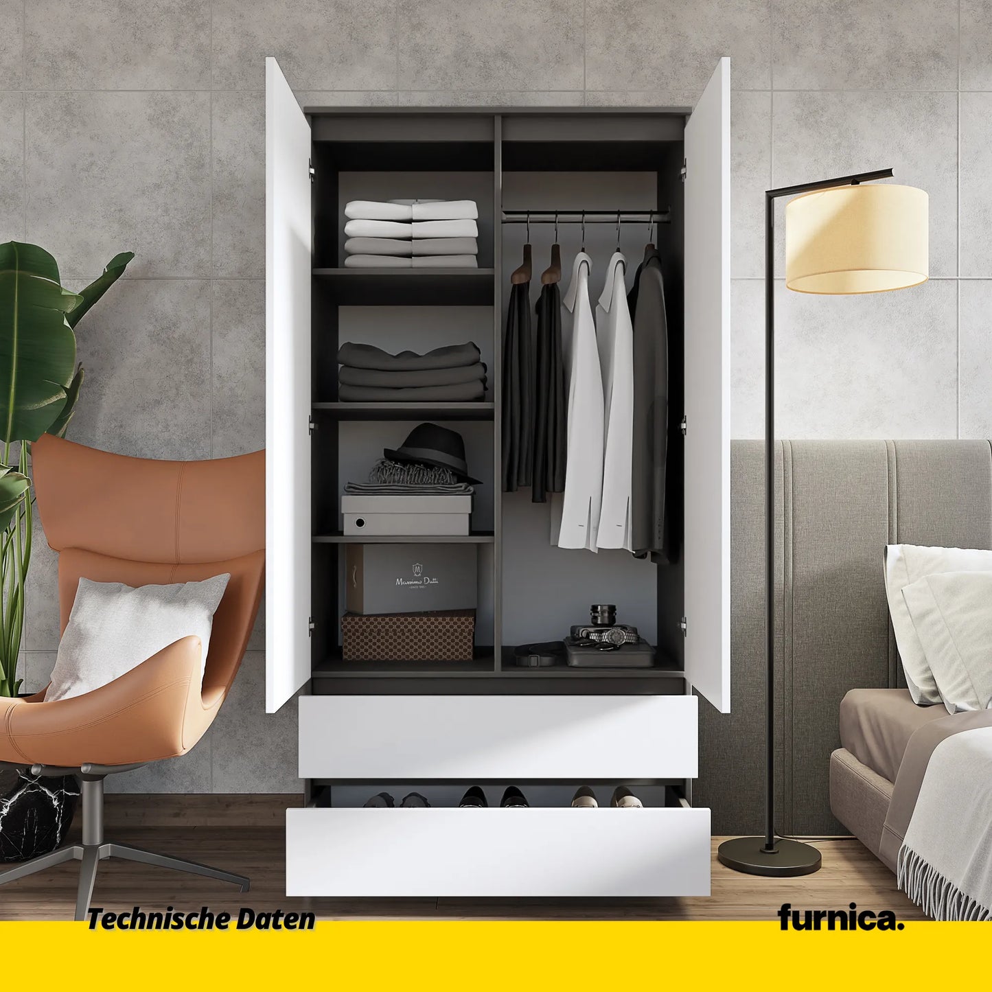JOELLE - Kleiderschrank mit 2 Türen und 2 Schubladen -  Anthrazit / Weiß Matt H180cm B90cm T50cm – Furnica