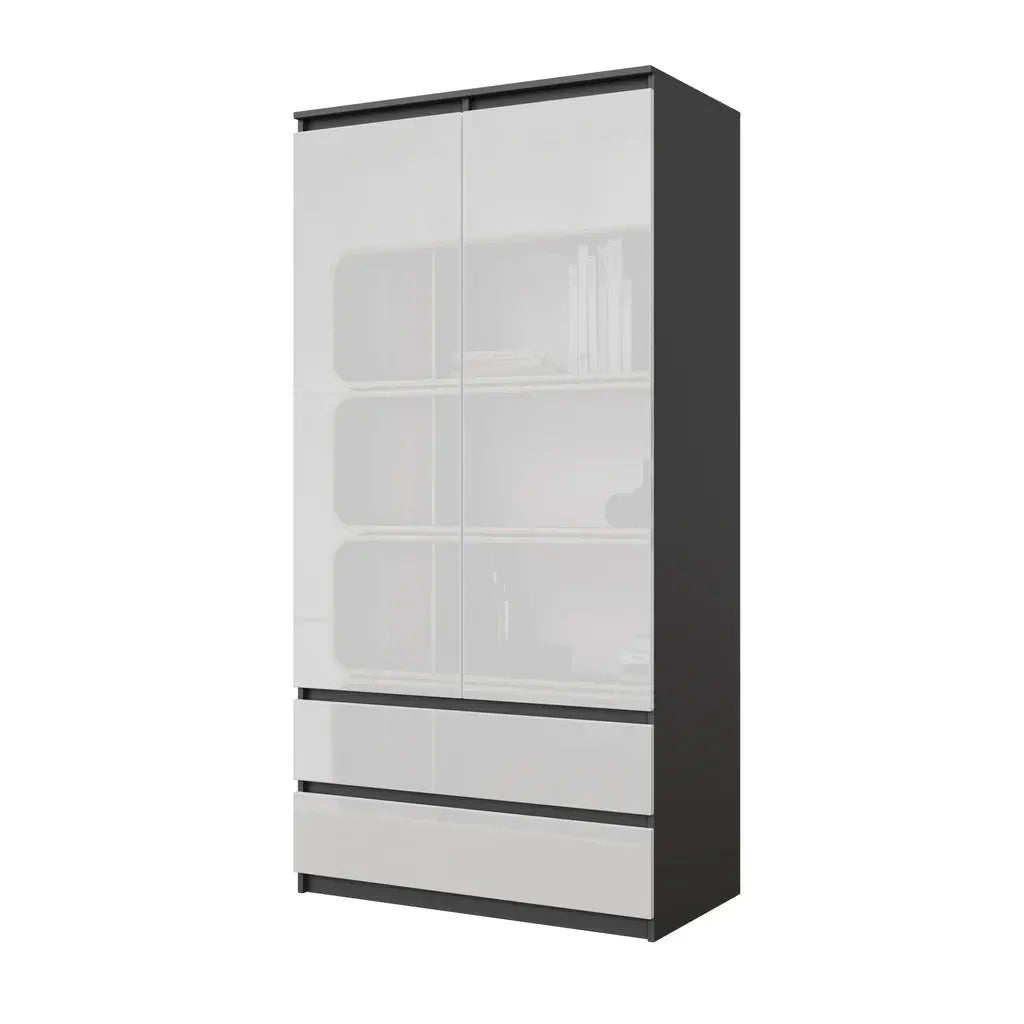 JOELLE - Kleiderschrank mit 2 Türen und 2 Schubladen -  Anthrazit / Weißglanz H180cm B90cm T50cm – Furnica
