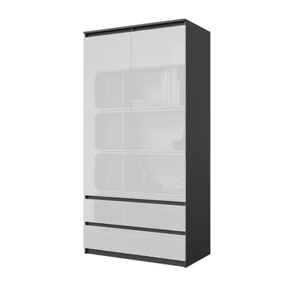 JOELLE - Kleiderschrank mit 2 Türen und 2 Schubladen -  Anthrazit / Weißglanz H180cm B90cm T50cm – Furnica