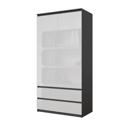 JOELLE - Kleiderschrank mit 2 Türen und 2 Schubladen - Anthrazit / Weißglanz H180cm B90cm T50cm Furnica – zdjęcie 1
